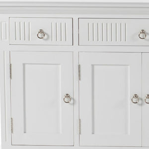HomeRoots 59" Elegant White Solid Wood Buffet Table with 3 Drawers & 4 Doors for Stylish Home Organization 523210
