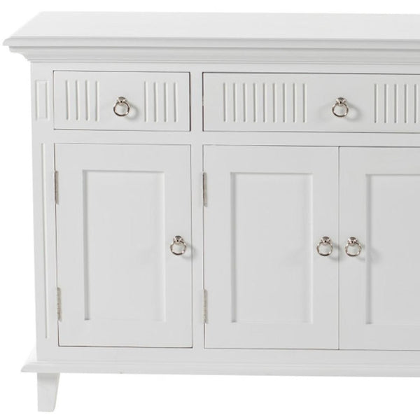 HomeRoots 59" Elegant White Solid Wood Buffet Table with 3 Drawers & 4 Doors for Stylish Home Organization 523210