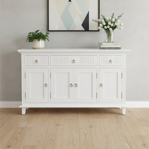 HomeRoots 59" Elegant White Solid Wood Buffet Table with 3 Drawers & 4 Doors for Stylish Home Organization 523210