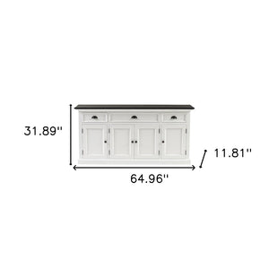 HomeRoots 65" Antiqued White Solid Wood Buffet Cabinet with Storage Drawers & Versatile Transitional Design 523211