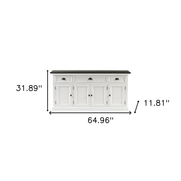 HomeRoots 65" Antiqued White Solid Wood Buffet Cabinet with Storage Drawers & Versatile Transitional Design 523211