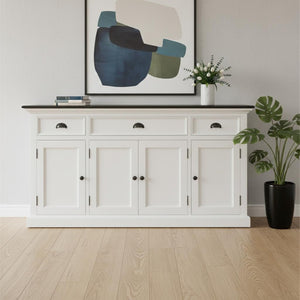 HomeRoots 65" Antiqued White Solid Wood Buffet Cabinet with Storage Drawers & Versatile Transitional Design 523211