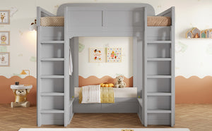 English Elm Triple Bunk Bed Wood Frame with Built in Shelves Hooks for Shared Kids Rooms Gray N7090004027E