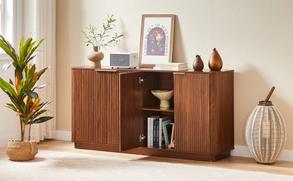 English Elm 63" Wave Front Sideboard with Four Door Storage for Living Room Hallway Bedroom Walnut W1820P431359