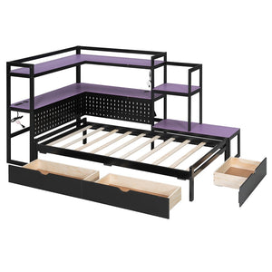 English Elm Twin Gaming Daybed with Led Strips Desk Pegboard Bookcase and Three Storage Drawers Purple+Black N820S00083I