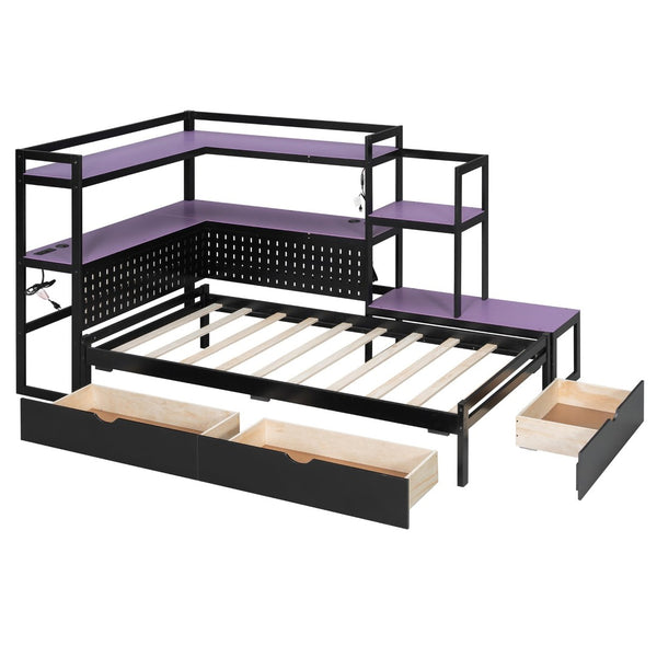 English Elm Twin Gaming Daybed with Led Strips Desk Pegboard Bookcase and Three Storage Drawers Purple+Black N820S00083I