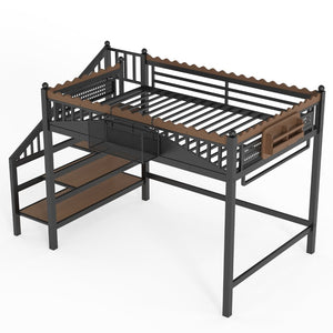 English Elm Full Size Metal Loft Bed with Stair Storage Shelves Bookshelf for Dorms Bedroom W1580S00378