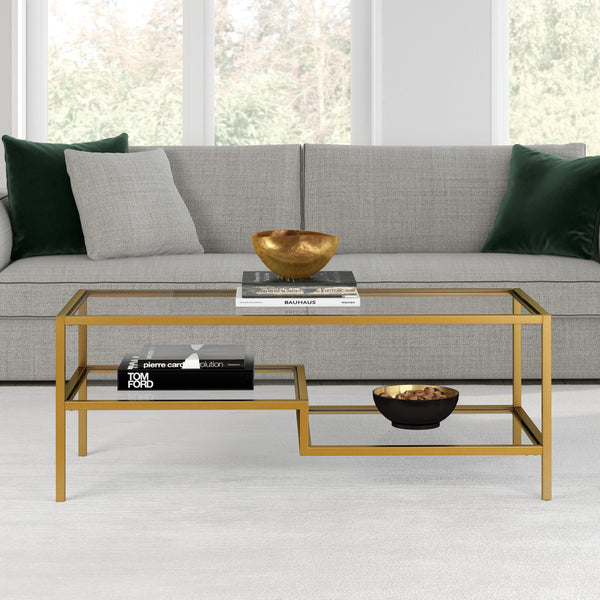 Homeroots 45" Gold Glass And Steel Coffee Table With Two Shelves   523329