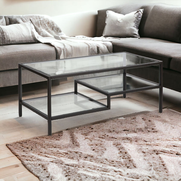 Homeroots 45" Black Glass And Steel Coffee Table With Two Shelves   523331