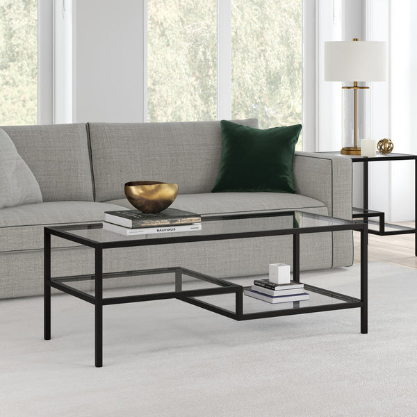 Homeroots 45" Black Glass And Steel Coffee Table With Two Shelves   523331
