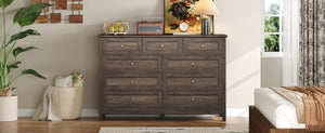 English Elm Wood Rustic Storage Dresser with 9 Drawers, Silver Handles and X Side Accents for Stylish Storage Brown N709P288888D