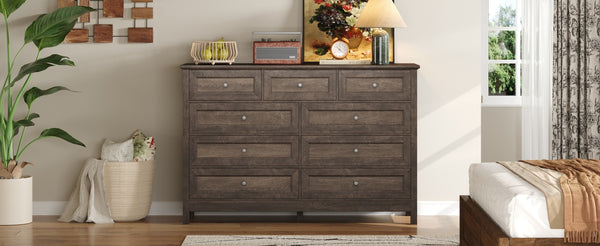 English Elm Wood Rustic Storage Dresser with 9 Drawers, Silver Handles and X Side Accents for Stylish Storage Brown N709P288888D