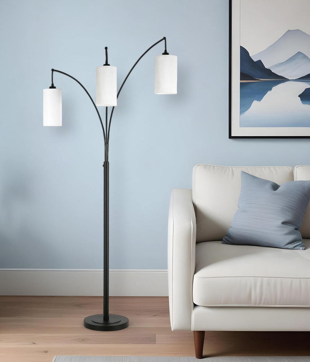 Homeroots 83" Black Three Light Torchiere Floor Lamp With White Frosted Glass Drum Shade  Metal 523350