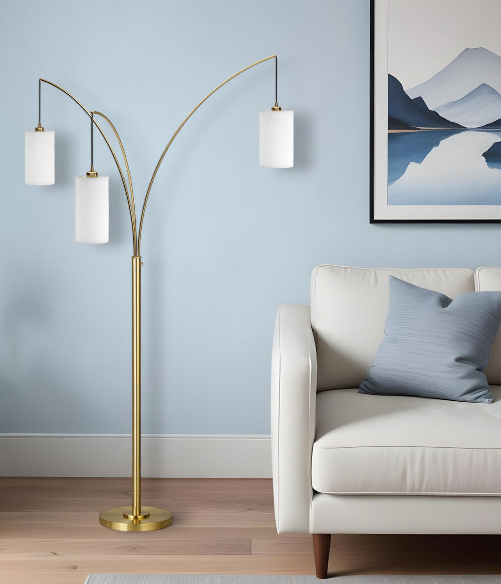 Homeroots 83" Brass Three Light Tree Floor Lamp With White Frosted Glass Drum Shade  Metal 523351