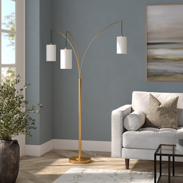 Homeroots 83" Brass Three Light Tree Floor Lamp With White Frosted Glass Drum Shade  Metal 523351