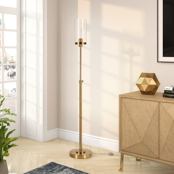 Homeroots 66" Brass Torchiere Floor Lamp With Clear Transparent Glass Drum Shade  Metal 523380