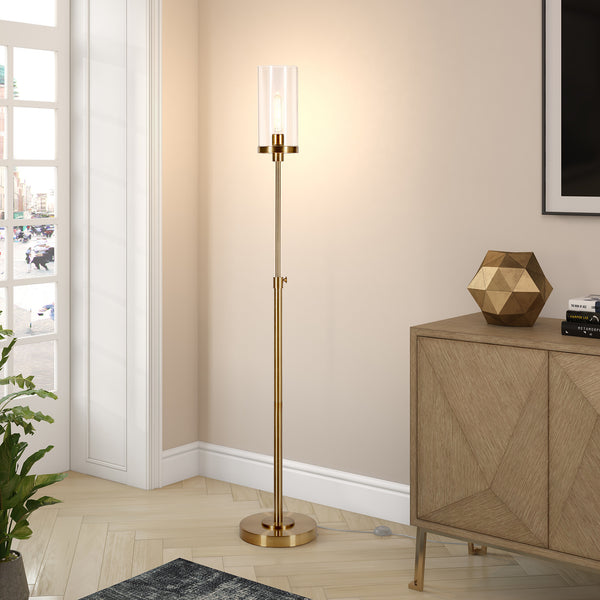 Homeroots 66" Brass Torchiere Floor Lamp With Clear Transparent Glass Drum Shade  Metal 523380
