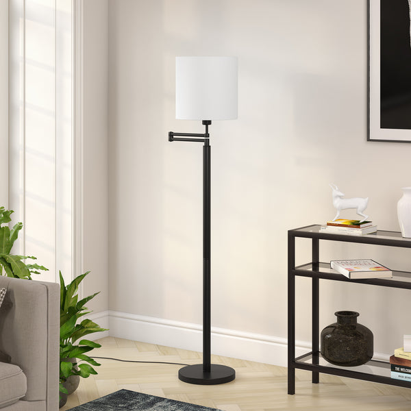 Homeroots 62" Black Swing Arm Floor Lamp With White Frosted Glass Drum Shade  Metal 523397