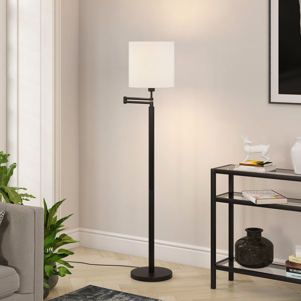 Homeroots 62" Black Swing Arm Floor Lamp With White Frosted Glass Drum Shade  Metal 523397