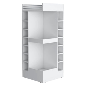 English Elm White Tall Bar Cabinet with Wine Rack, Open Shelves & Modern White Finish for Stylish Storage and Display B062P290258