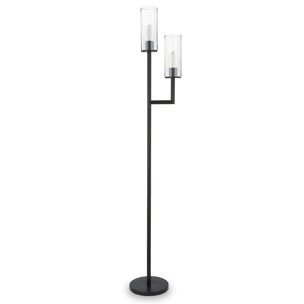 Homeroots 69" Black Two Light Torchiere Floor Lamp With Clear Transparent Glass Drum Shade  Metal 523435