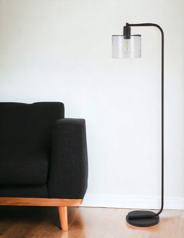 Homeroots 57" Black Arched Floor Lamp With Clear Seeded Glass Drum Shade  Metal 523488