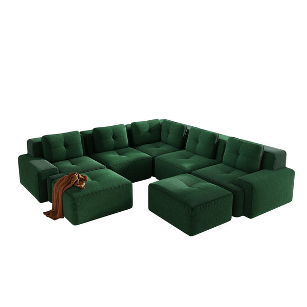 English Elm Modular Corduroy Sectional Sofa V Shaped 5 Seat Living Room Couch with Ottoman Green W714S01583