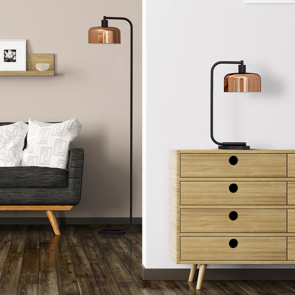 Homeroots 57" Black Arched Floor Lamp With Copper Metal Bell Shade  Metal 523537