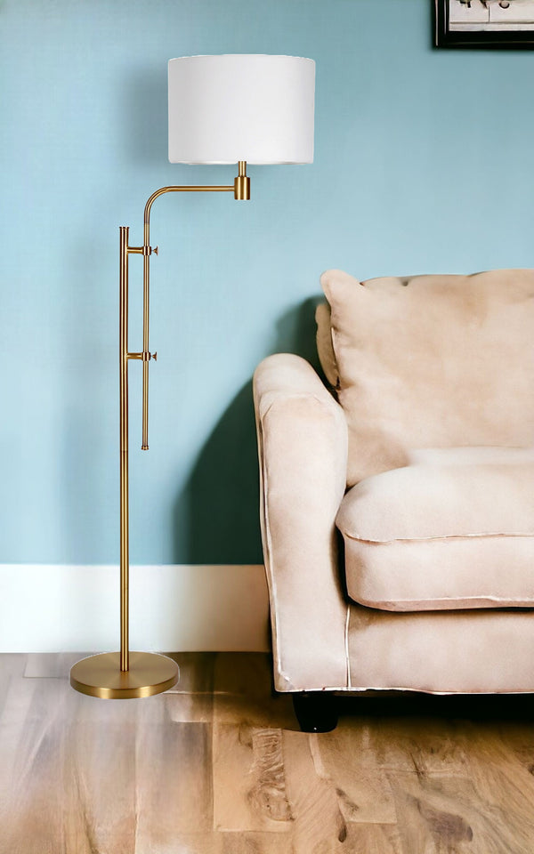 Homeroots 71" Brass Adjustable Floor Lamp With White Fabric Drum Shade  Metal 523552
