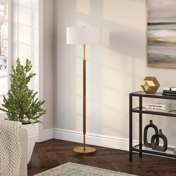 Homeroots 61" Brass Two Light Floor Lamp With White Frosted Glass Drum Shade  Metal 523571