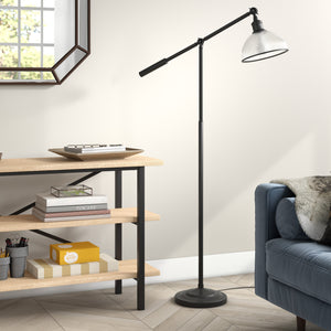 Homeroots 58" Black Swing Arm Floor Lamp With Clear Transparent Glass Dome Shade  Metal 523579