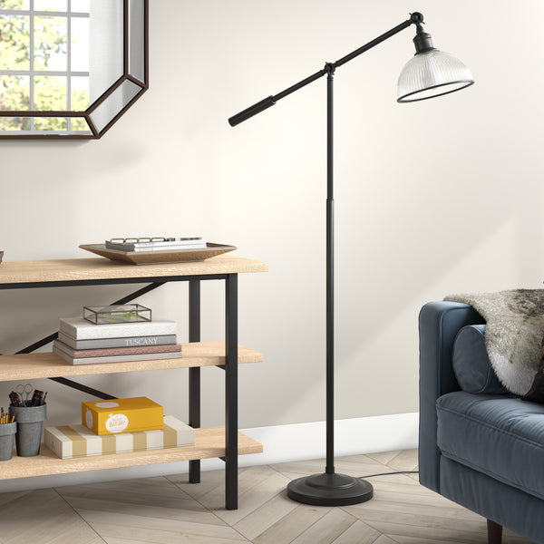 Homeroots 58" Black Swing Arm Floor Lamp With Clear Transparent Glass Dome Shade  Metal 523579
