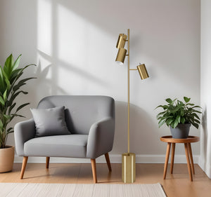 Homeroots 65" Brass Three Light Tree Floor Lamp With Brass Metal Cylinder Shade  Metal 523592