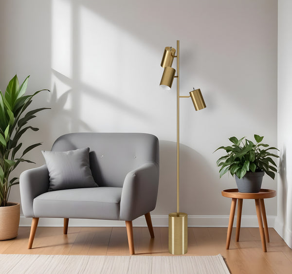 Homeroots 65" Brass Three Light Tree Floor Lamp With Brass Metal Cylinder Shade  Metal 523592