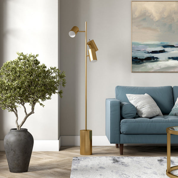 Homeroots 65" Brass Three Light Tree Floor Lamp With Brass Metal Cylinder Shade  Metal 523592