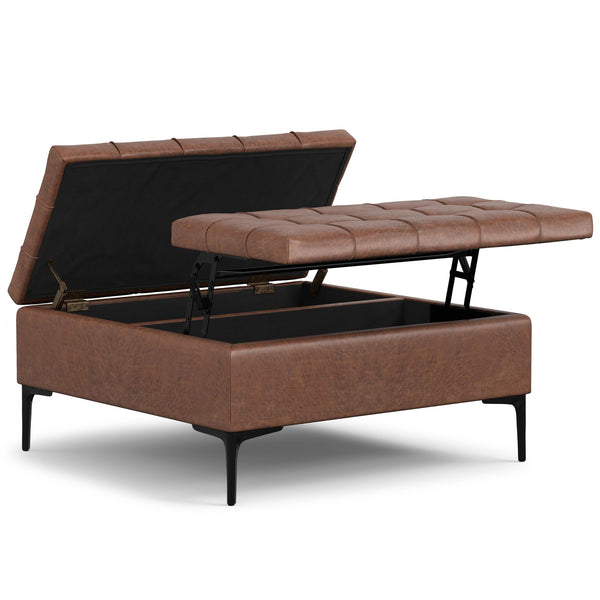 English Elm Laura Distressed Saddle Brown Lift-Top Storage Ottoman with Tufting, Split Top, Child-Safe Hinges - Multifunctional Seating/Table (36.8") B136P252678