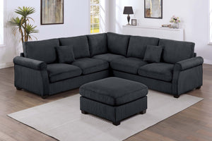 English Elm 4pc Corduroy Sectional Sofa Set with Ottoman Corner Wedge and Low-profile Modern Legs Black B011S02225