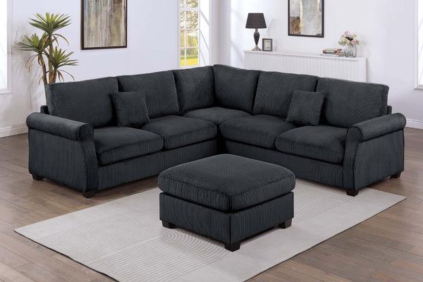 English Elm 4pc Corduroy Sectional Sofa Set with Ottoman Corner Wedge and Low-profile Modern Legs Black B011S02225