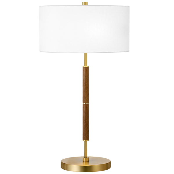Homeroots 25" Gold And Oak Metal Two Light Table Lamp With White Drum Shade   523605