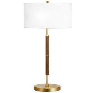 Homeroots 25" Gold And Oak Metal Two Light Table Lamp With White Drum Shade   523605
