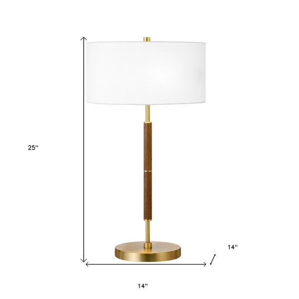 Homeroots 25" Gold And Oak Metal Two Light Table Lamp With White Drum Shade   523605