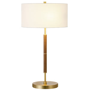 Homeroots 25" Gold And Oak Metal Two Light Table Lamp With White Drum Shade   523605