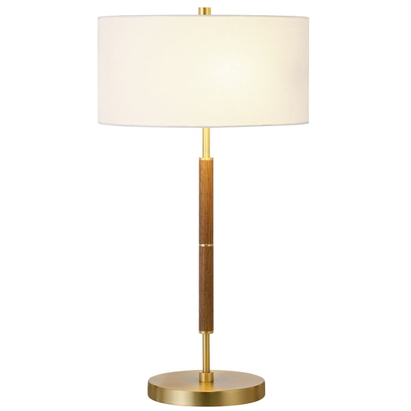 Homeroots 25" Gold And Oak Metal Two Light Table Lamp With White Drum Shade   523605
