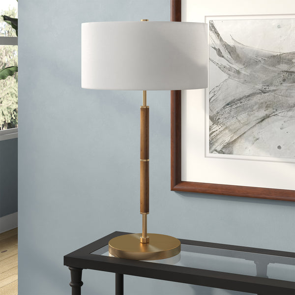 Homeroots 25" Gold And Oak Metal Two Light Table Lamp With White Drum Shade   523605