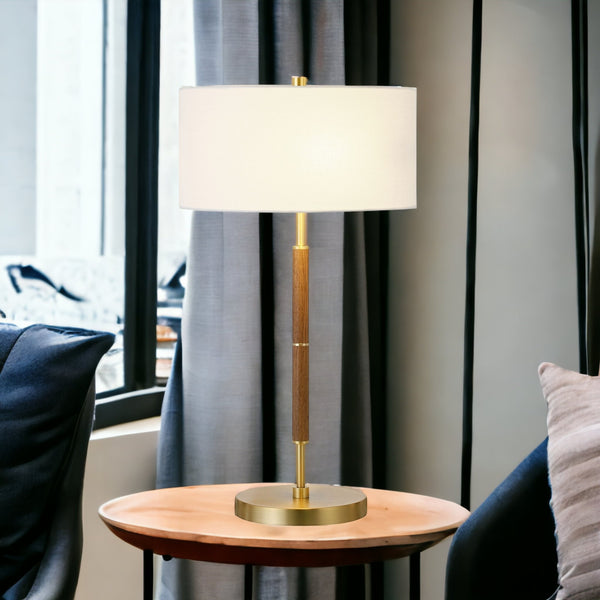 Homeroots 25" Gold And Oak Metal Two Light Table Lamp With White Drum Shade   523605