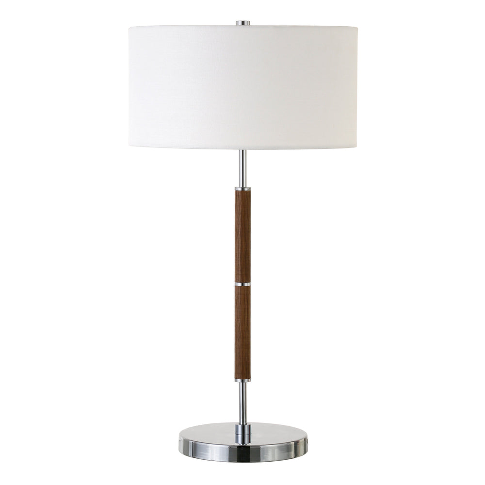 Homeroots 25" Silver And Oak Two Light Table Lamp With White Drum Shade   523606