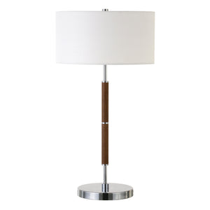 Homeroots 25" Silver And Oak Two Light Table Lamp With White Drum Shade   523606