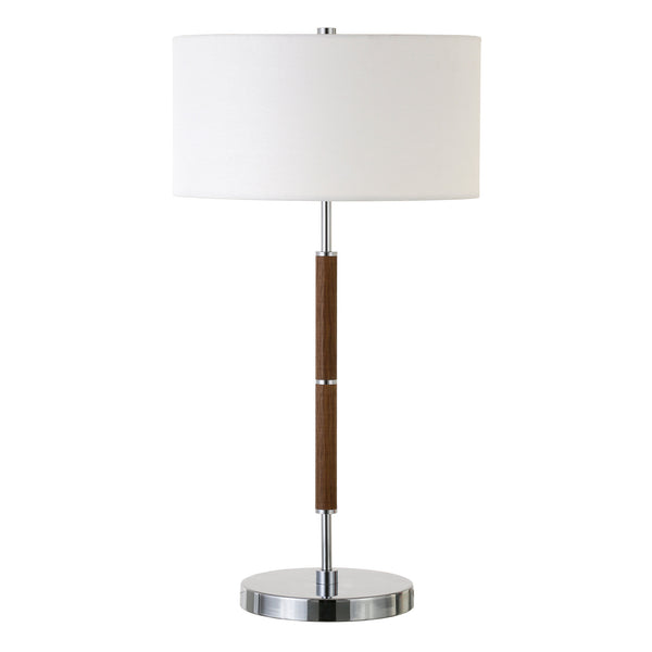 Homeroots 25" Silver And Oak Two Light Table Lamp With White Drum Shade   523606