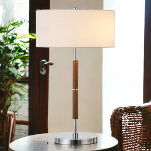 Homeroots 25" Silver And Oak Two Light Table Lamp With White Drum Shade   523606