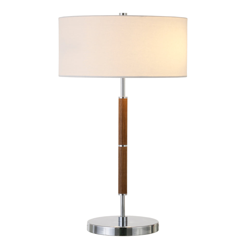 Homeroots 25" Silver And Oak Two Light Table Lamp With White Drum Shade   523606